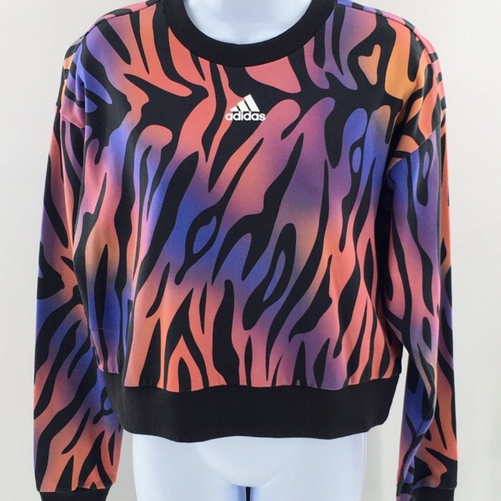 Adidas Womens Sweatshirt Tiger Print Crewneck Black Pink Purple Abstract Sz XS